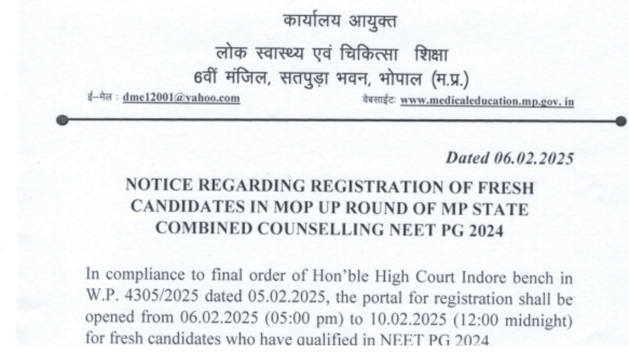 DME Madhya Pradesh reopens MP NEET PG counselling registration for fresh candidates, check details here