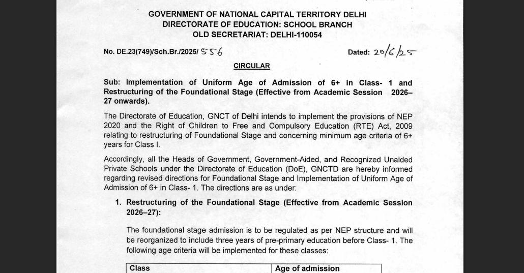 Delhi to mandate 6+ age for Class 1 from 2026; DoE orders major pre-primary restructuring